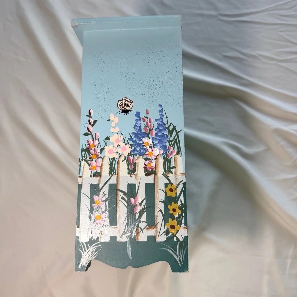Hand Painted Wooden Jewelry Chest 4 Drawer Floral Garden Picket Fence Blue Box